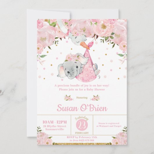 Pink Floral Elephant Stork Bundle Girl Baby Dusche Einladung (Vorderseite)