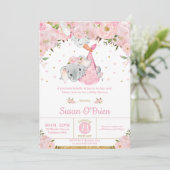 Pink Floral Elephant Stork Bundle Girl Baby Dusche Einladung (Stehend Vorderseite)