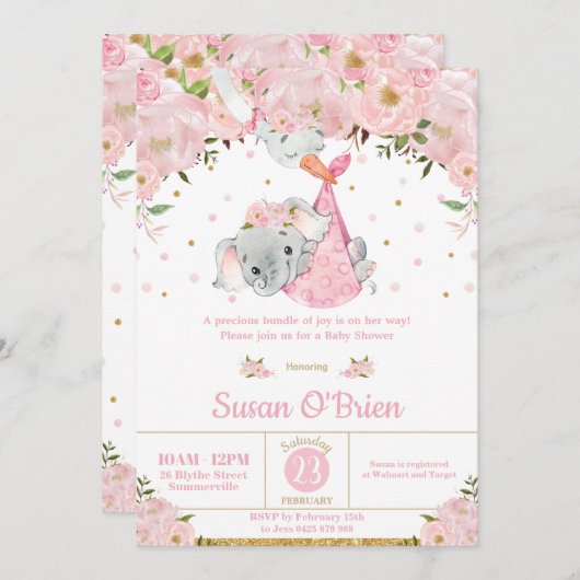 Pink Floral Elephant Stork Bundle Girl Baby Dusche Einladung (Vorne/Hinten)