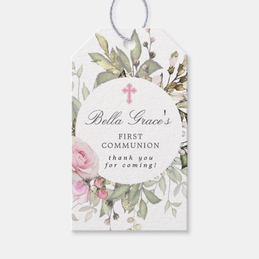 Pink Floral Erste Kommune Vielen Dank Geschenkanhänger (Vorderseite)