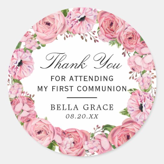 Pink Floral Erste Kommune Vielen Dank Runder Aufkleber (Vorderseite)