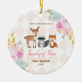 Pink Floral Erste Weihnachten als Familie von 3 Keramik Ornament