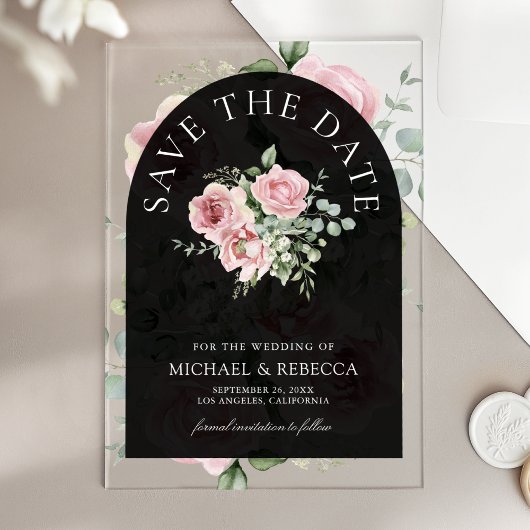 Pink Floral Eucalyptus Black Wedding Save the Date Acryleinladungen
