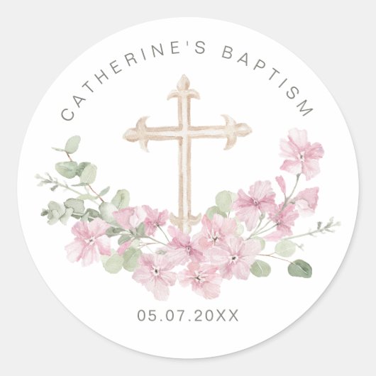 Pink Floral Eucalyptus Cross Baptism Runder Aufkleber (Vorderseite)