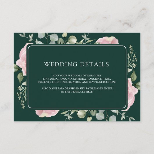 Pink Floral Eucalyptus Emerald Wedding Details Begleitkarte (Vorderseite)