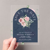 Pink Floral Eucalyptus Navy Wedding Save the Date Acryleinladungen (Insitu (Handheld))