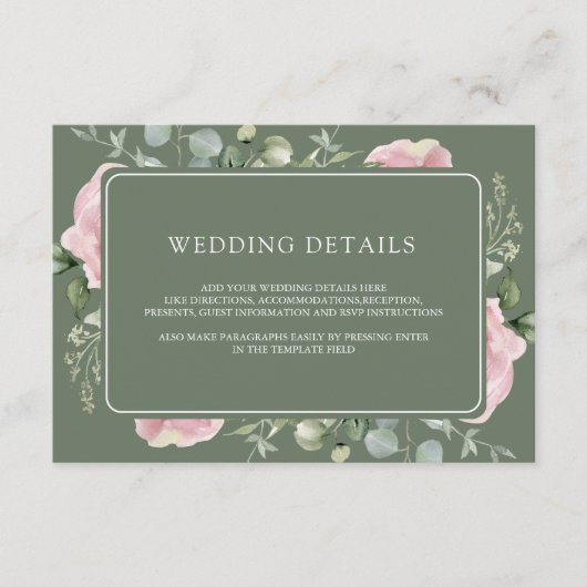 Pink Floral Eucalyptus Sage Green Wedding Details Begleitkarte (Vorderseite)