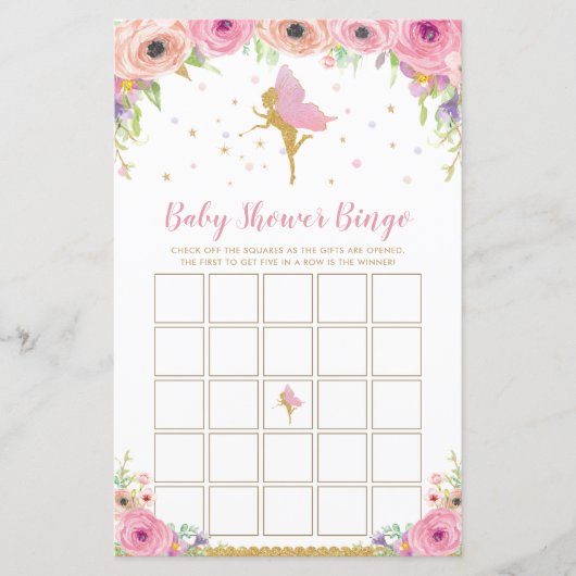 Pink Floral Fairy Baby Dusche Bingo Spiel (Vorderseite)
