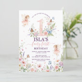 Pink Floral Fairy First Birthday Invitation Einladung (Stehend Vorderseite)