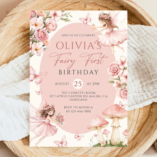 Pink Floral Fairy First Birthday Invitation Einladung