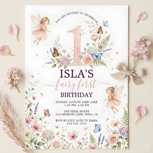 Pink Floral Fairy First Birthday Invitation Einladung