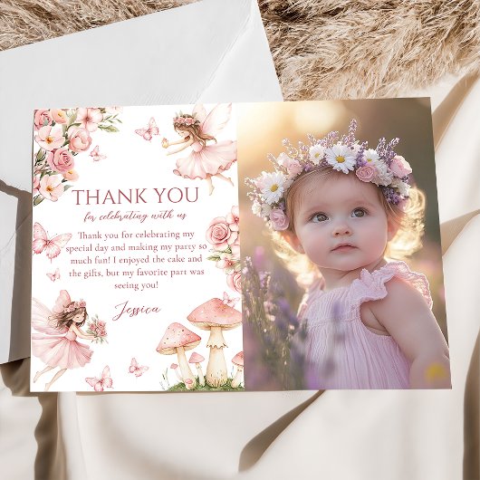 Pink Floral Fairy First Birthday Photo Dankeskarte