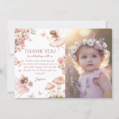 Pink Floral Fairy First Birthday Photo Dankeskarte (Vorderseite)