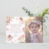 Pink Floral Fairy First Birthday Photo Dankeskarte (Stehend Vorderseite)