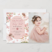 Pink Floral Fairy First Birthday Photo Invitation Einladung (Vorderseite)