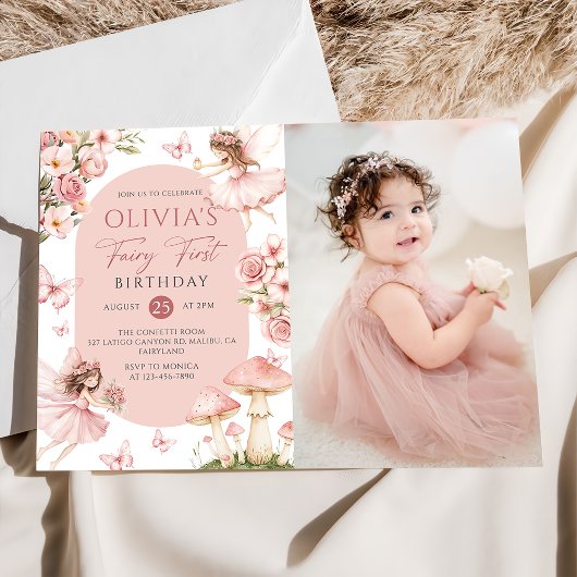 Pink Floral Fairy First Birthday Photo Invitation Einladung