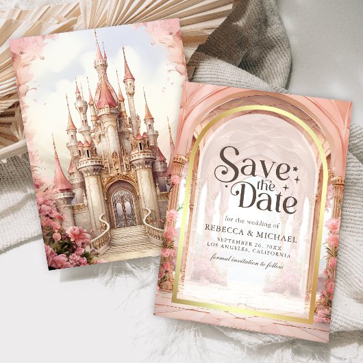 Pink Floral Fairytale Castle Wedding Save The Date