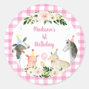 Pink Floral Farm Animal Birthday Runder Aufkleber
