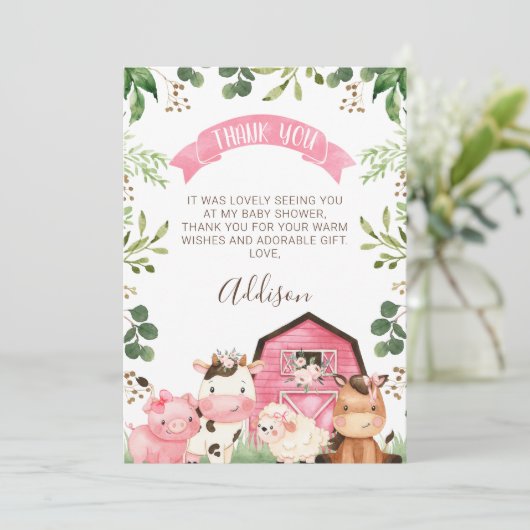 Pink Floral Farm Barn Babydusche Danke Karte (Stehend Vorderseite)