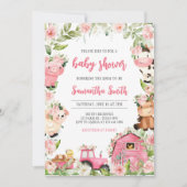 Pink Floral Farm Barnyard Babydusche Einladung (Vorderseite)