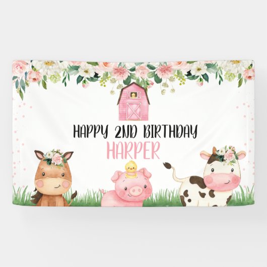 Pink Floral Farm Geburtstagsparty Banner (Horizontal)