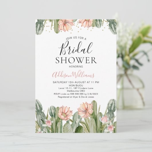 Pink Floral Fiesta Cactus Sukkulentes Brautparty Einladung (Stehend Vorderseite)