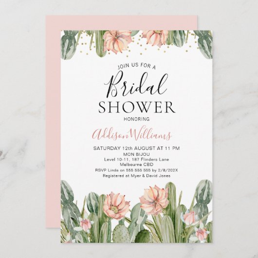 Pink Floral Fiesta Cactus Sukkulentes Brautparty Einladung (Vorne/Hinten)