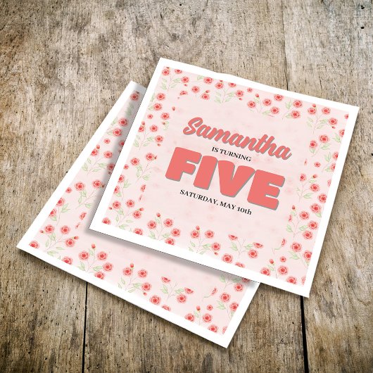 Pink Floral Fifth Birthday Girl Custom Party Serviette