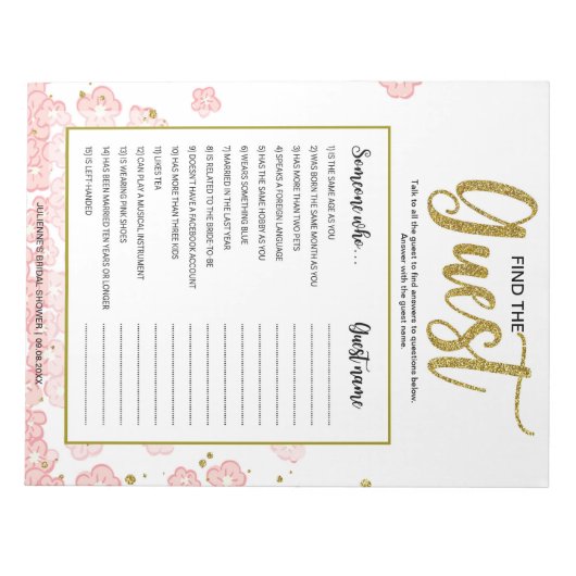 Pink Floral Finden Sie das Gast Brautparty Game Notizblock (Vorderseite)