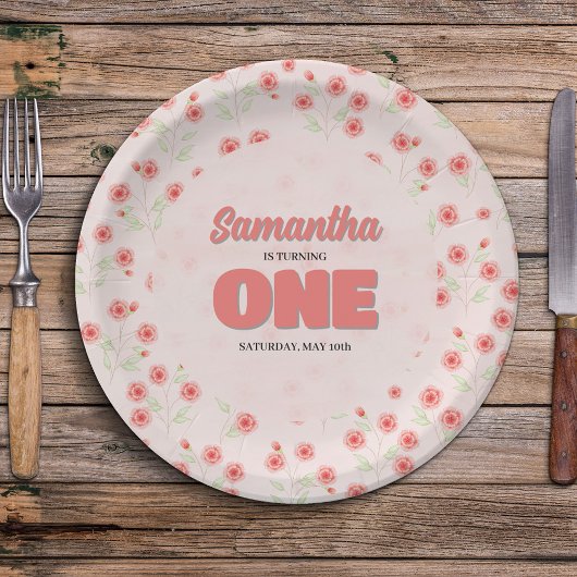 Pink Floral First Birthday Girl Party Custom Pappteller