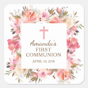 Pink Floral First Holy Communion Aufkleber