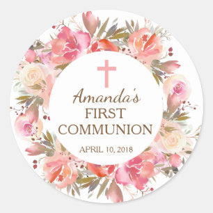 Pink Floral First Holy Communion Aufkleber