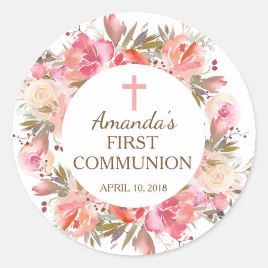 Pink Floral First Holy Communion Aufkleber (Vorderseite)