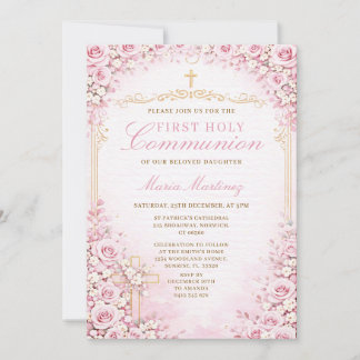 Pink Floral First Holy Communion Cross Religious Einladung