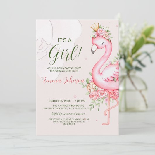 Pink Floral Flamingo Kinderdusche Einladung (Stehend Vorderseite)