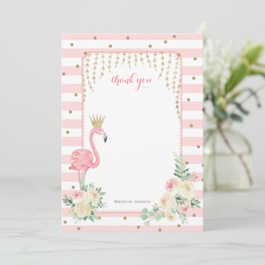 Pink Floral Flamingo mit Krone danke Karte (Stehend Vorderseite)