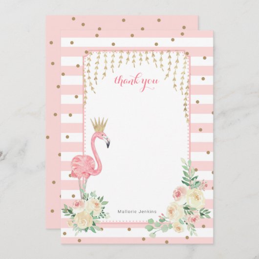 Pink Floral Flamingo mit Krone danke Karte (Vorne/Hinten)