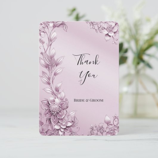 Pink Floral Foliage Danke Karte (Stehend Vorderseite)