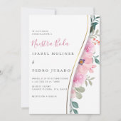 Pink Floral Foliage Nuestra Boda Spanische Hochzei Einladung (Vorderseite)