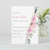 Pink Floral Foliage Nuestra Boda Spanische Hochzei Einladung (Stehend Vorderseite)