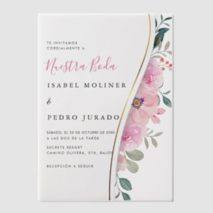 Pink Floral Foliage Nuestra Boda Spanische Hochzei Pergament Einladungen