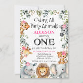 Pink Floral Foliage Safari Erster Geburtstag Einladung (Vorderseite)