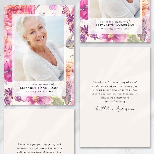 Pink Floral Foto Beerdigung Beileid Vielen Dank Karte