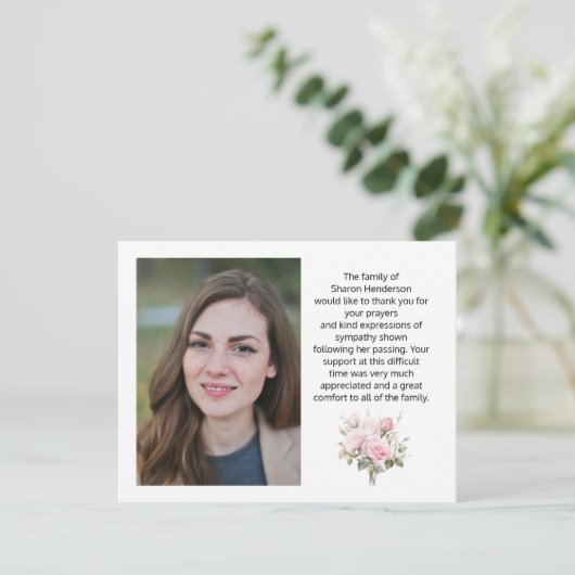 Pink Floral Foto Beerdigung Danke Note Card (Stehend Vorderseite)