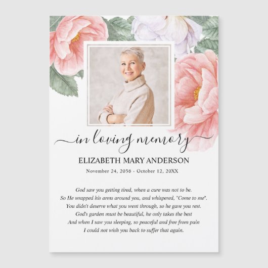 Pink Floral Foto Beileid Beerdigung Gebetkarte Magnetkarte (Vorderseite)