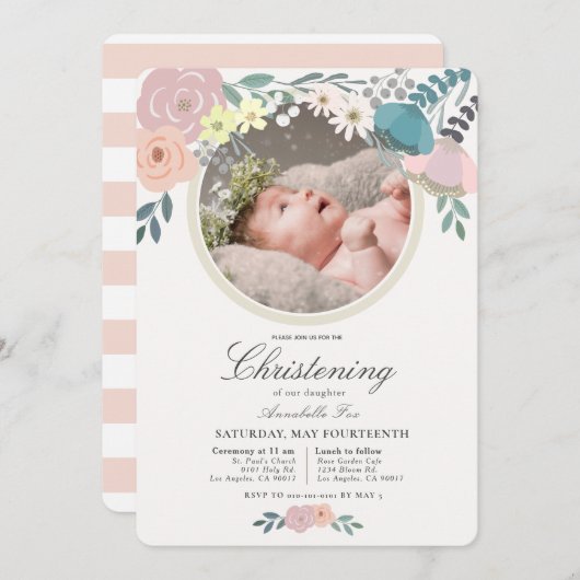 Pink Floral Foto Girl Christening Einladung (Vorne/Hinten)