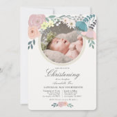 Pink Floral Foto Girl Christening Einladung (Vorderseite)