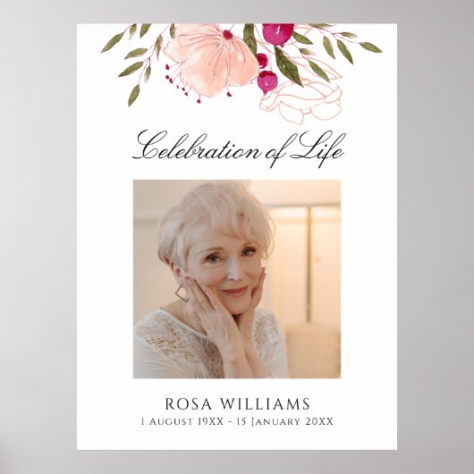 Pink Floral Foto Life Celebration Memorandum Signa Poster (Vorne)