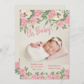 Pink Floral Foto Oh Baby Script Geburt Ankündigung (Vorne/Hinten)