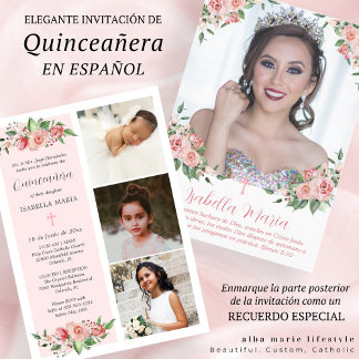 Pink Floral Foto Quinceañera Einladung Spanisch